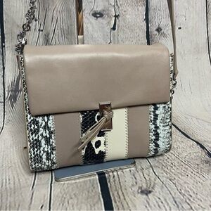 Louise et Cie Leather Flap Closure Crossbody Bag Beige Snake Patern
